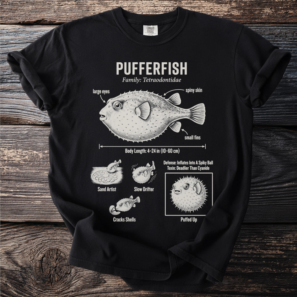 Pufferfish illustration detailing anatomy, behavior, and species name on a black t-shirt.