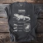 Dark grey t-shirt with diagram of a tuatara with labels: beaky snout, spiny crest, stout tail.