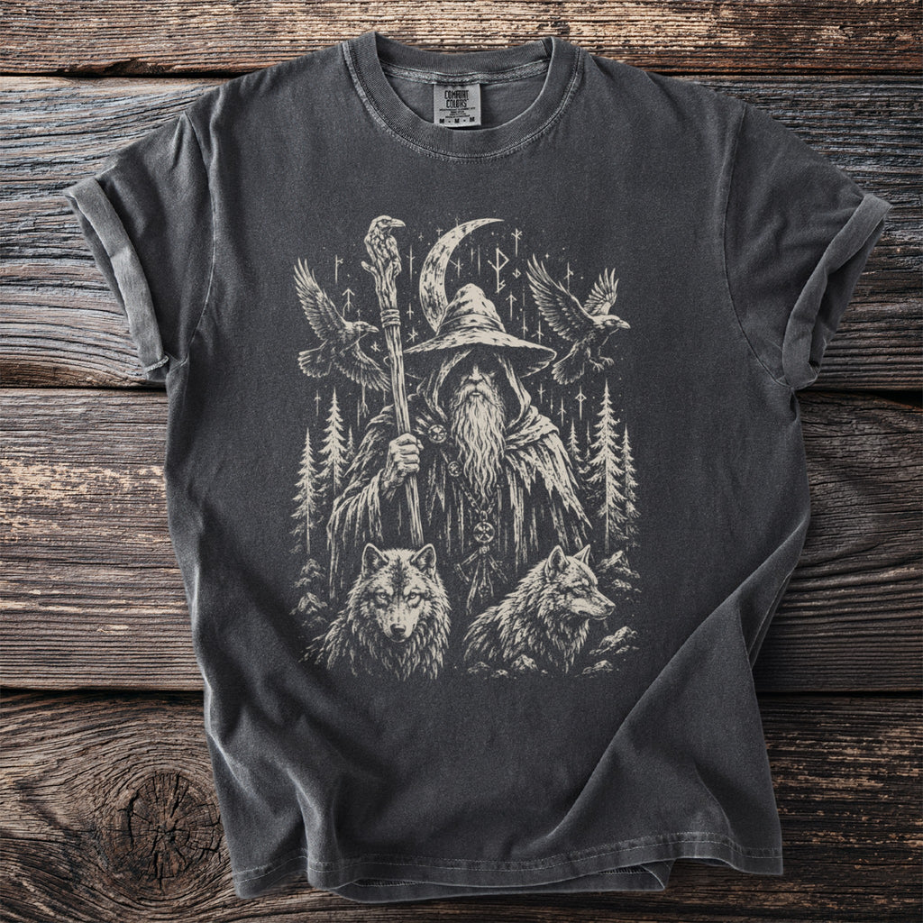 Dark gray t-shirt with distressed print of a wizard, wolves, ravens, and moon.
