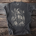 Dark gray t-shirt showing Odin with ravens overhead, wolves, moon, and runes.