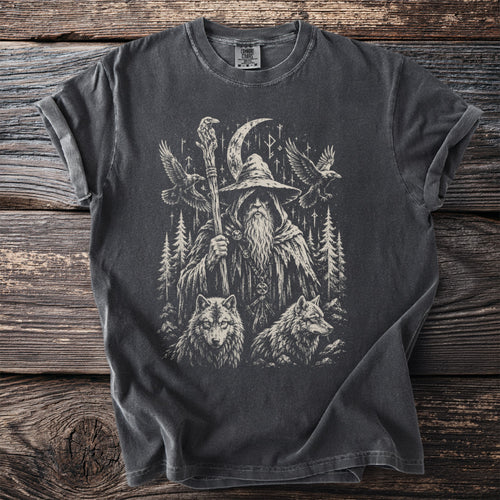 Dark gray t-shirt with distressed print of a wizard, wolves, ravens, and moon.