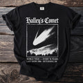 Black t-shirt with "Halley's Comet" text and image of a comet, last show 1986.
