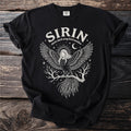 Black t-shirt with "SIRIN slavic dark song bird maiden" and bird-woman graphic.