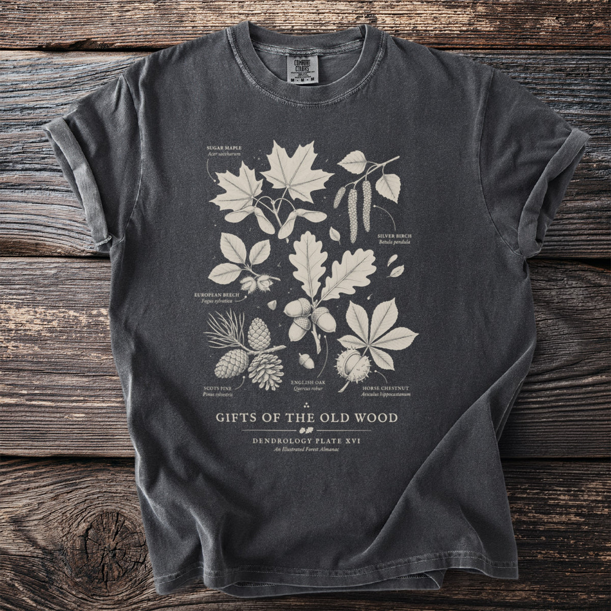 Dark gray t-shirt with botanical illustrations of trees and text "GIFTS OF THE OLD WOOD".