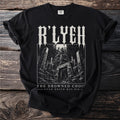 Black t-shirt with R'LYEH and "The Drowned Choi" text and an ancient city graphic.
