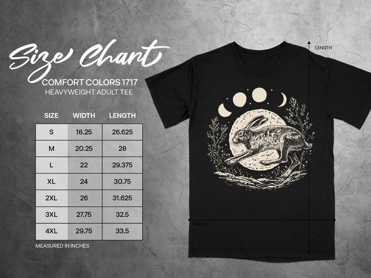 Comfort Colors 1717 adult tee size chart with width and length measurements in inches.