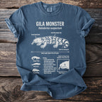 Blue t-shirt with a Gila Monster diagram detailing its anatomy and biology.