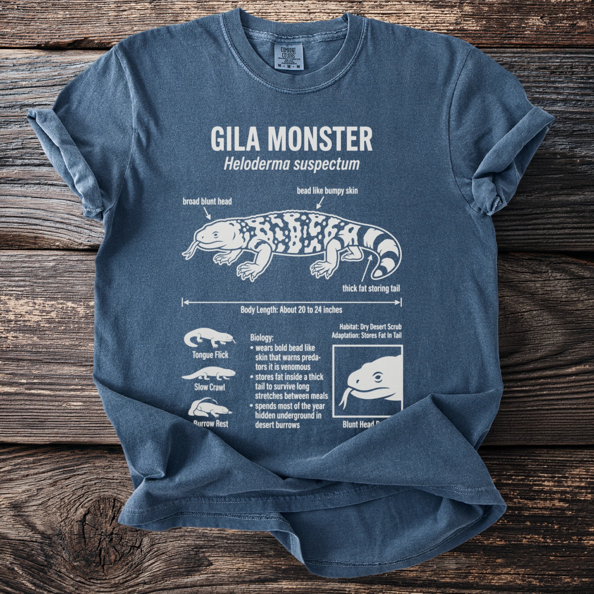Blue t-shirt with a Gila Monster diagram detailing its anatomy and biology.
