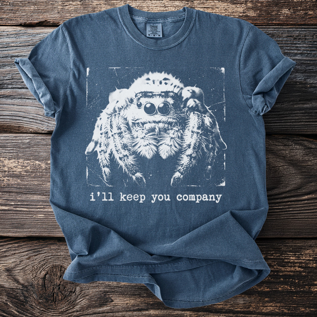 T-shirt with white jumping spider graphic and text "i'll keep you company".