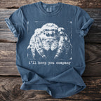 T-shirt with white jumping spider graphic and text "i'll keep you company".