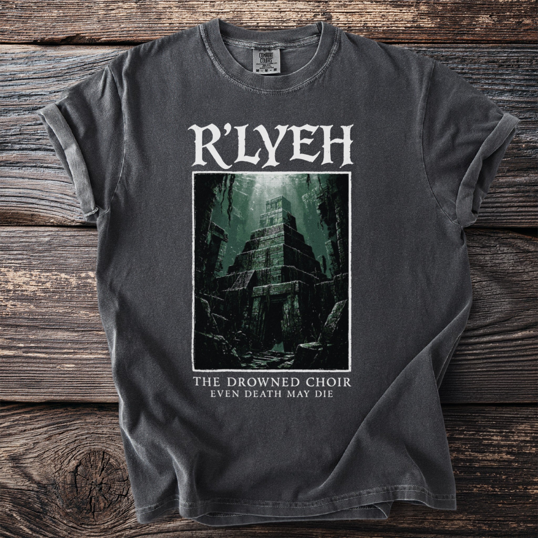 T-shirt with R'LYEH graphic and text: The Drowned Choir, Even Death May Die.