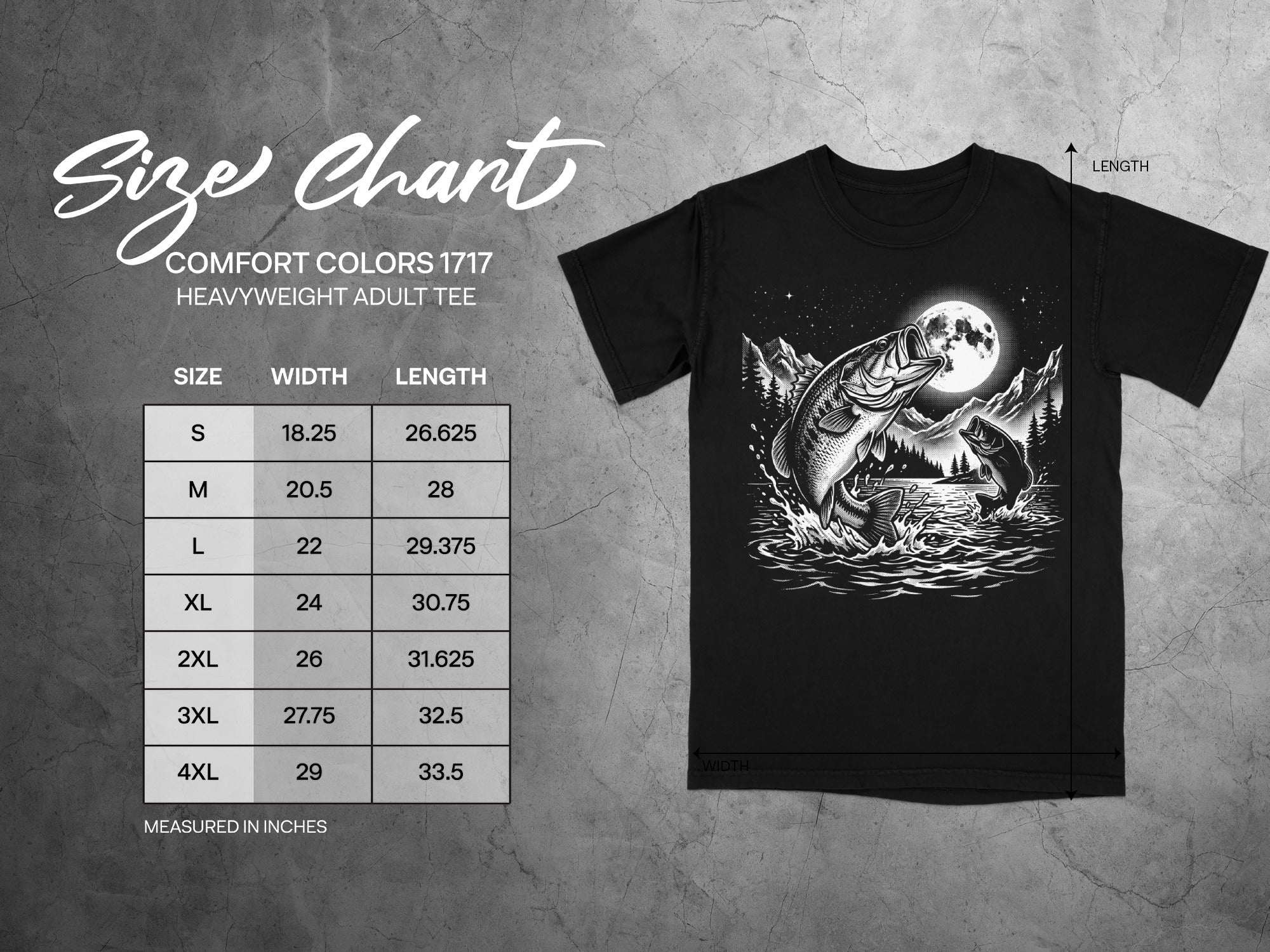 Comfort Colors 1717 heavyweight adult tee size chart with width and length in inches.