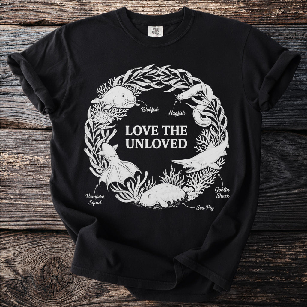Black t-shirt with "Love the Unloved" text surrounded by illustrations of obscure sea creatures.