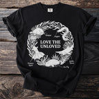 Black t-shirt with "Love the Unloved" text surrounded by illustrations of obscure sea creatures.