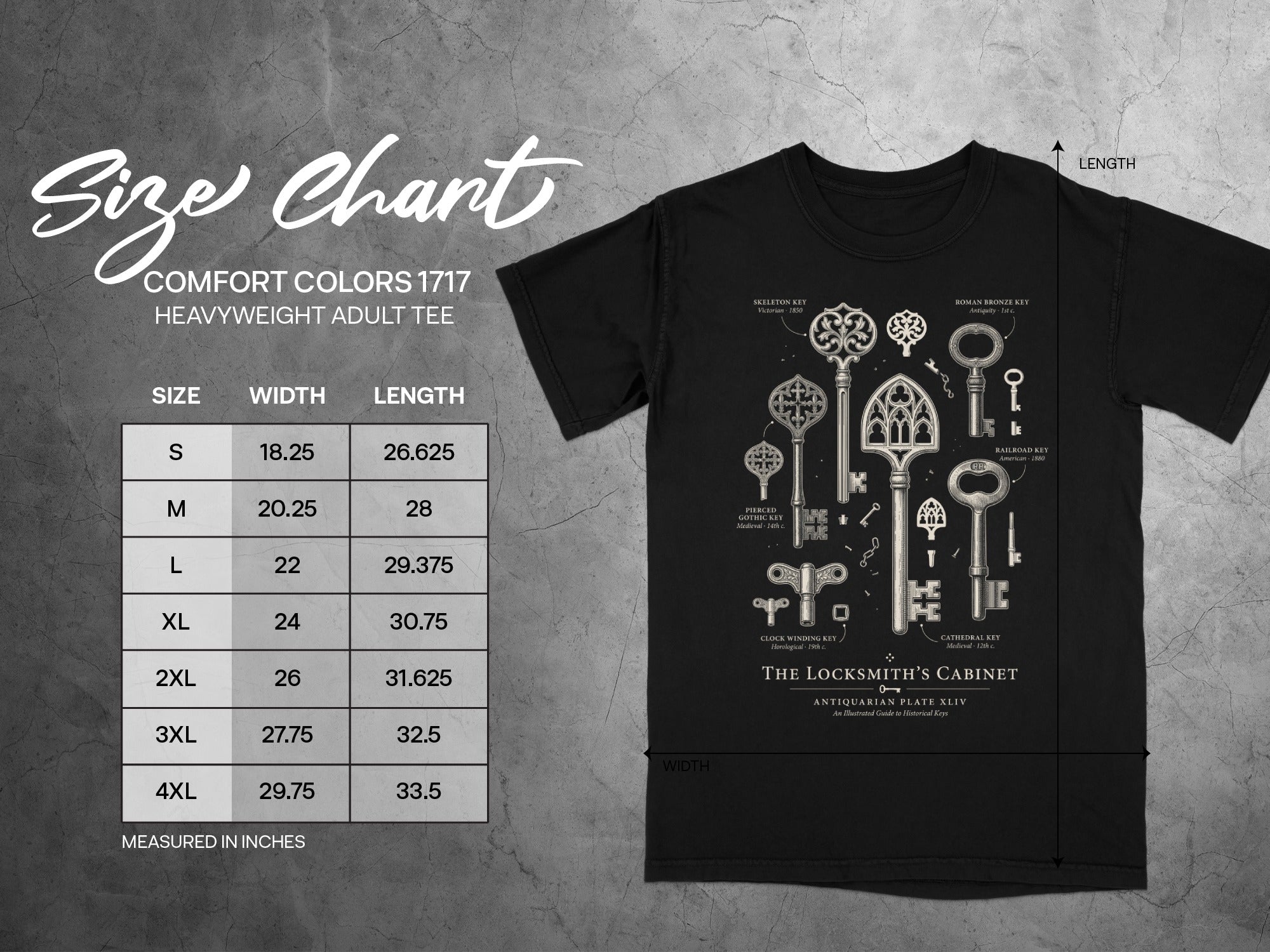Comfort Colors 1717 t-shirt with size chart and antique keys illustration.