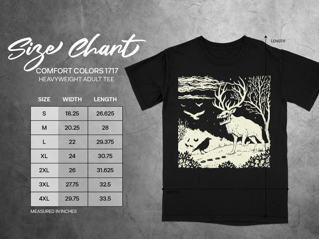 Comfort Colors 1717 heavyweight adult tee size chart with width and length measurements.