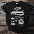Black t-shirt with a white diagram of a lamprey and its features.