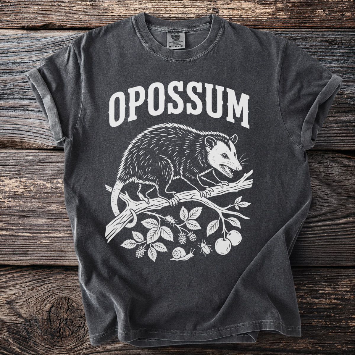 Charcoal t-shirt with white graphic of an opossum on a branch, text "OPOSSUM".