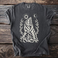 Dark grey t-shirt with a white graphic of a wolf howling with a sword in its mouth.