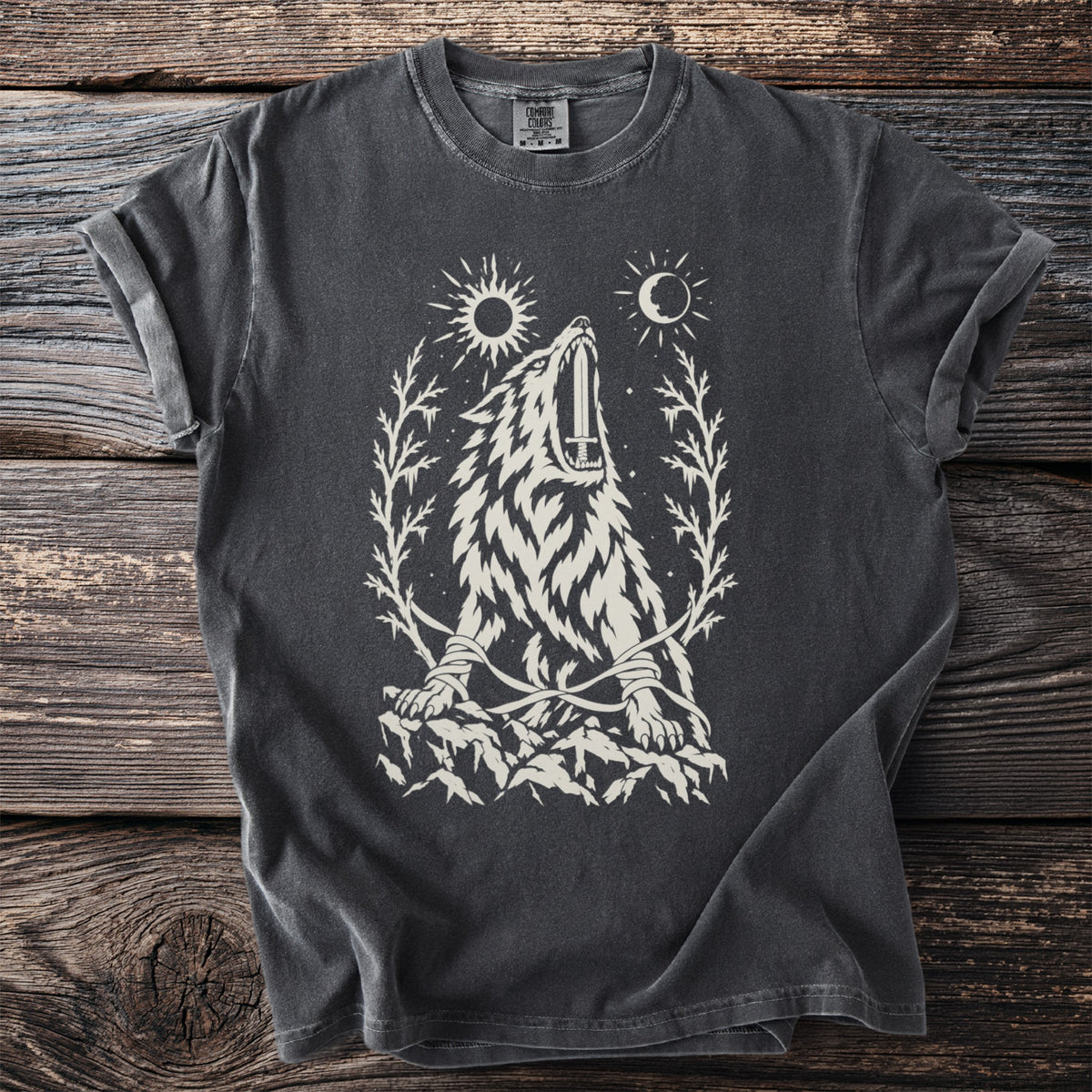 Dark grey t-shirt with a white graphic of a wolf howling with a sword in its mouth.