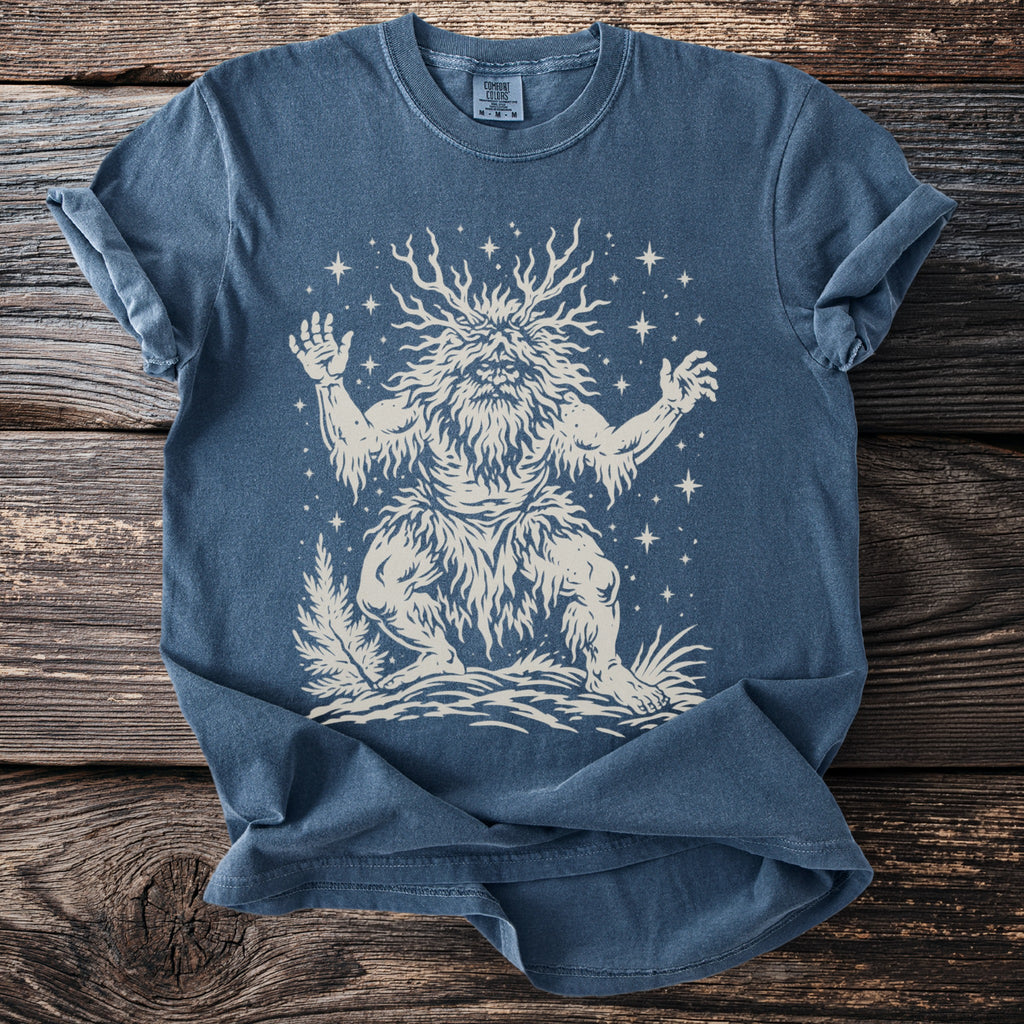 Blue t-shirt with a cream graphic of a creature with antlers and stars.