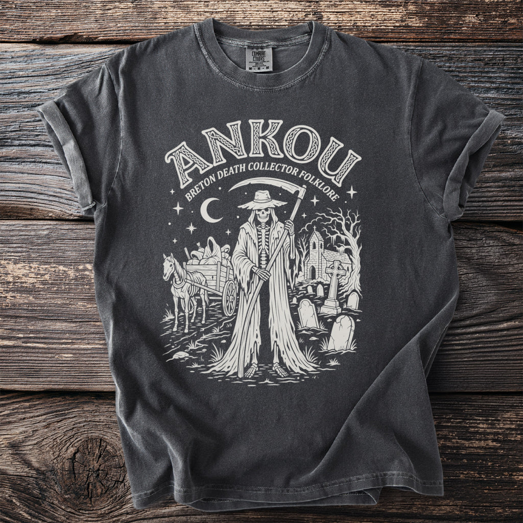 Ankou skeleton reaper with scythe, cart, and cemetery on charcoal t-shirt.