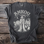 Ankou skeleton reaper with scythe, cart, and cemetery on charcoal t-shirt.
