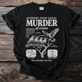 Black t-shirt with text "Support Your Local Murder of Crows" and crow illustrations.