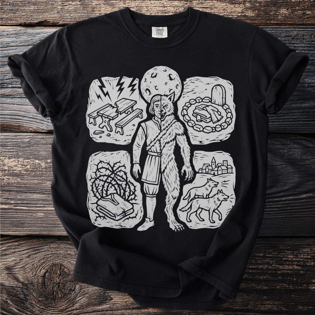 Black t-shirt with a linocut design of a half-man, half-wolf figure surrounded by four scenes.