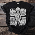 Black t-shirt with a linocut design of a half-man, half-wolf figure surrounded by four scenes.