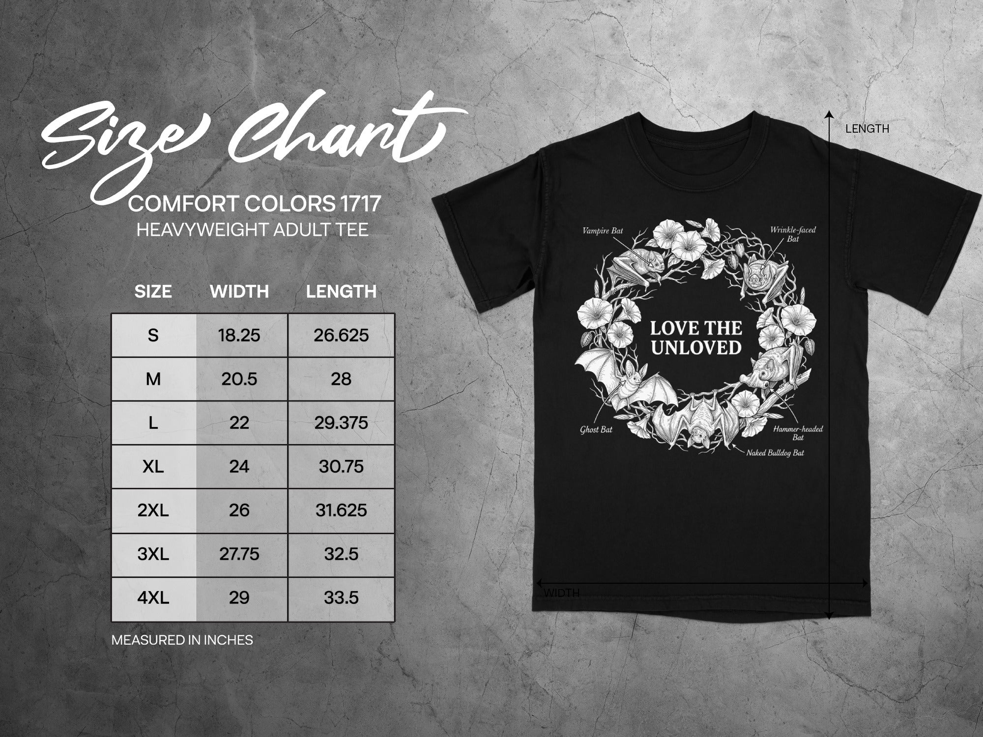 Comfort Colors 1717 garment size chart in inches.