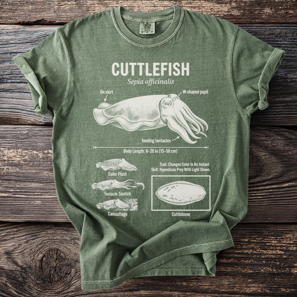 Green t-shirt with cuttlefish diagram, including fin skirt, W-shaped pupil, feeding tentacles, body length, and camouflage.