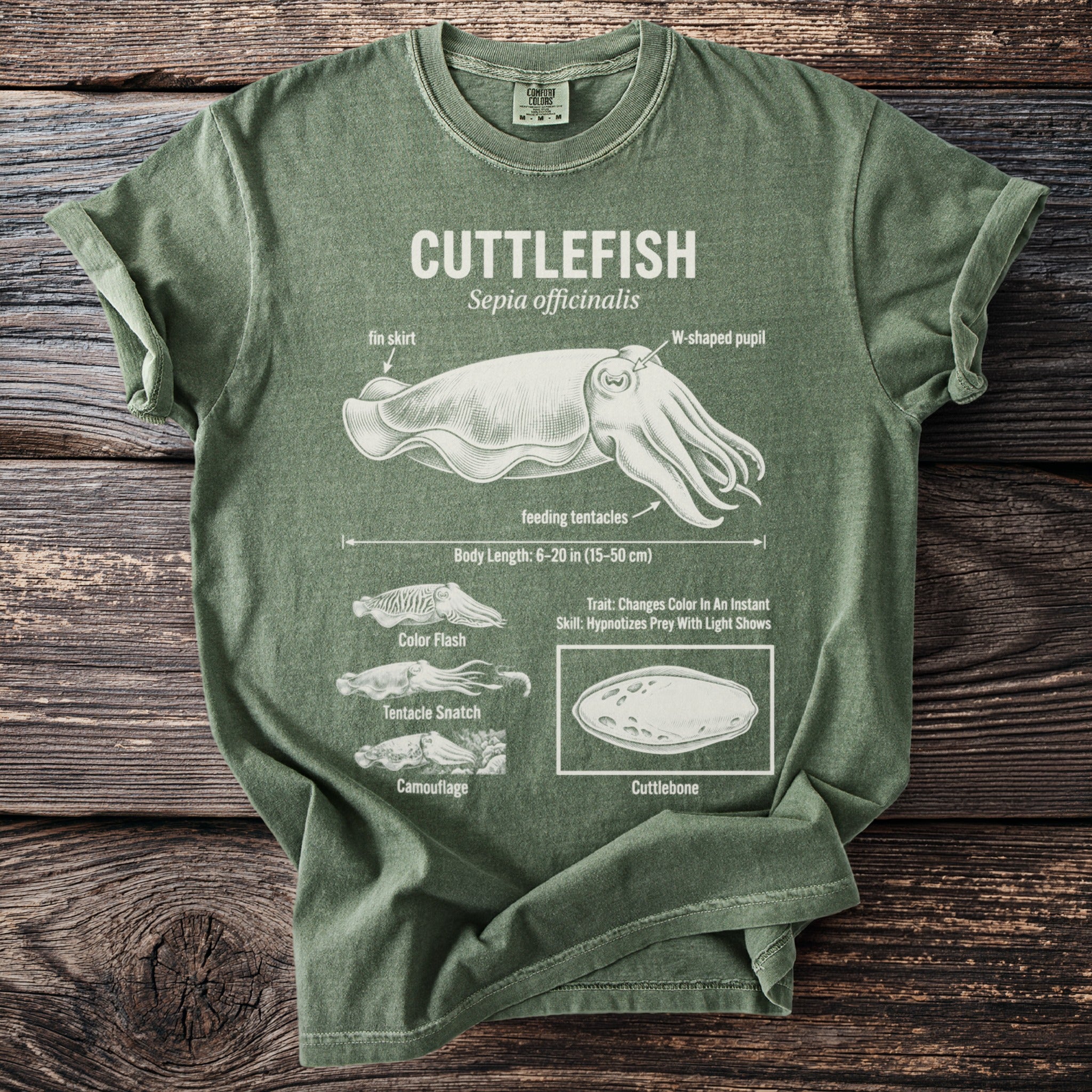 Green t-shirt with cuttlefish diagram, including fin skirt, W-shaped pupil, feeding tentacles, body length, and camouflage.