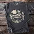Dark grey t-shirt with a cream-colored graphic of a leaping rabbit under a moon.