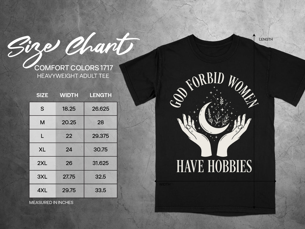 Size chart for Comfort Colors 1717 heavyweight adult tee with graphic. Measured in inches.