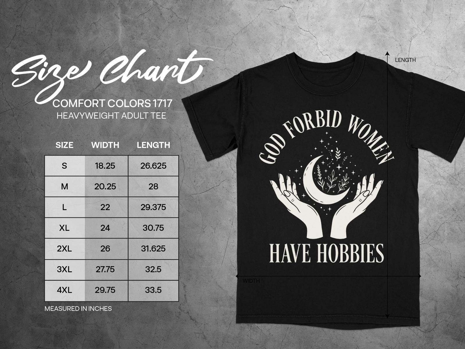 Size chart for Comfort Colors 1717 heavyweight adult tee with graphic. Measured in inches.