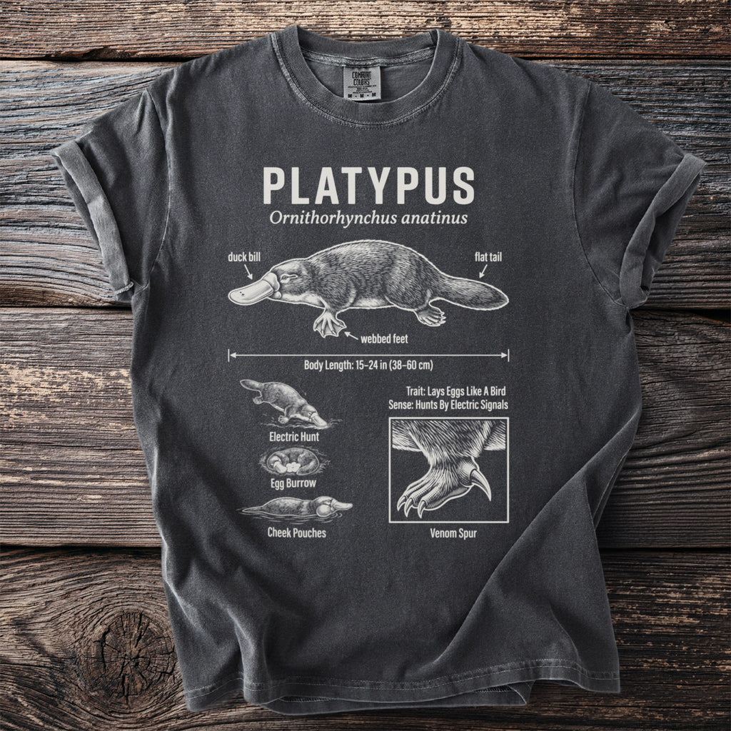 Gray t-shirt with a platypus anatomical illustration and text details.