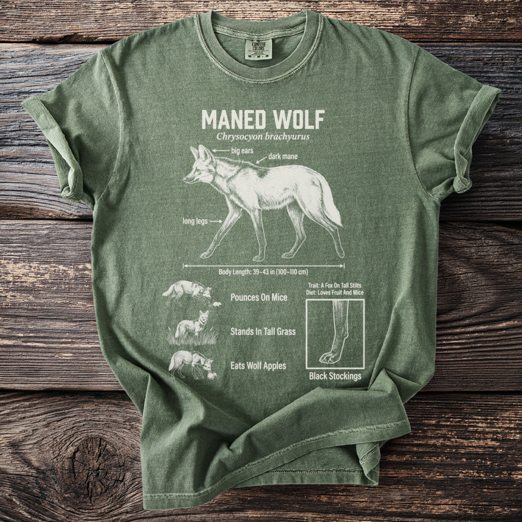 Green t-shirt with Maned Wolf illustration and text describing its features and habits.
