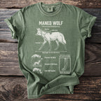 Green t-shirt with Maned Wolf illustration and text describing its features and habits.