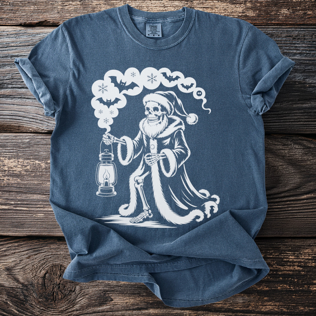Skeleton wearing Santa hat, holding a lantern amidst bats and snowflakes.