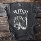 Dark grey t-shirt with "WITCH" and occult pagan magic witchcraft graphic.