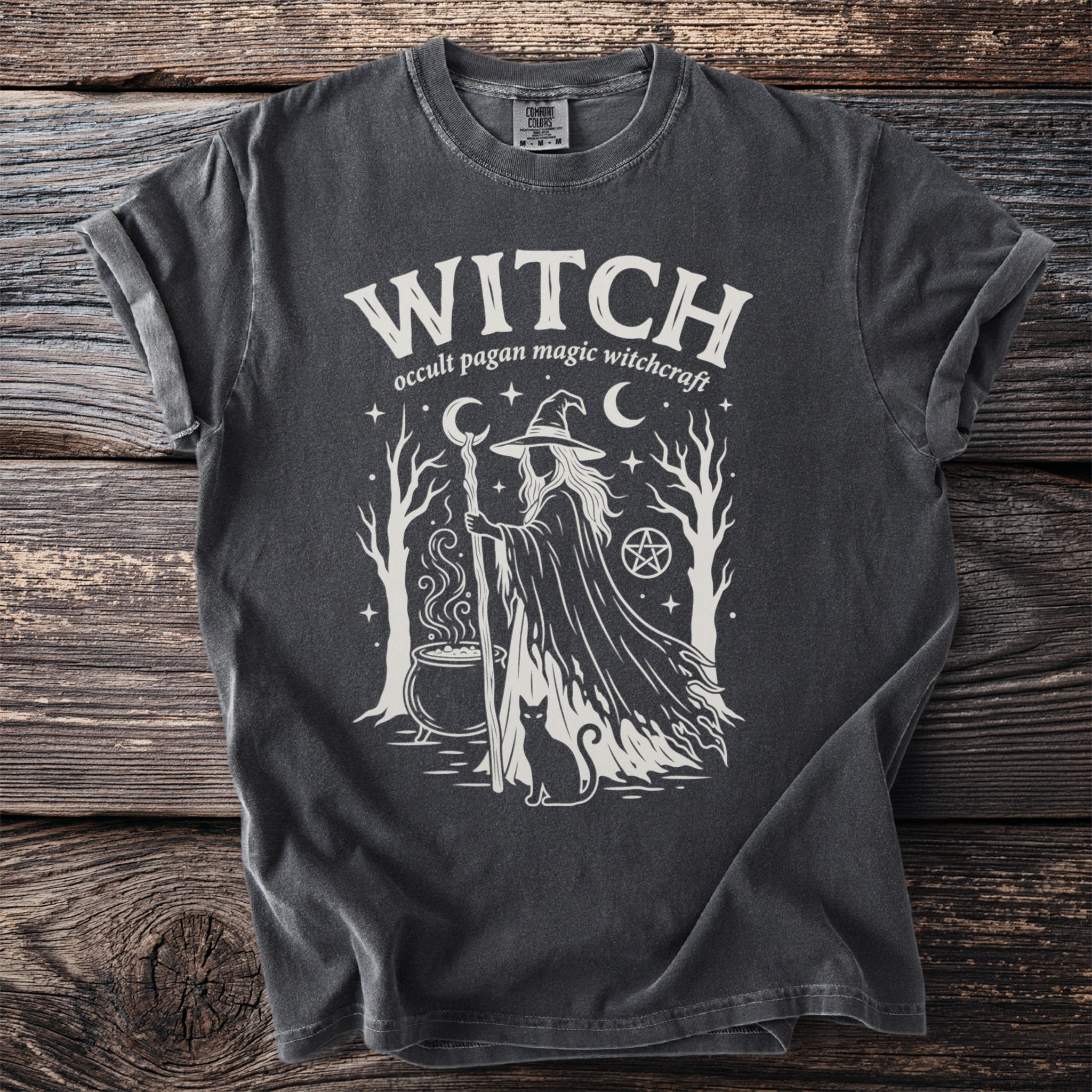 Dark grey t-shirt with "WITCH" and occult pagan magic witchcraft graphic.