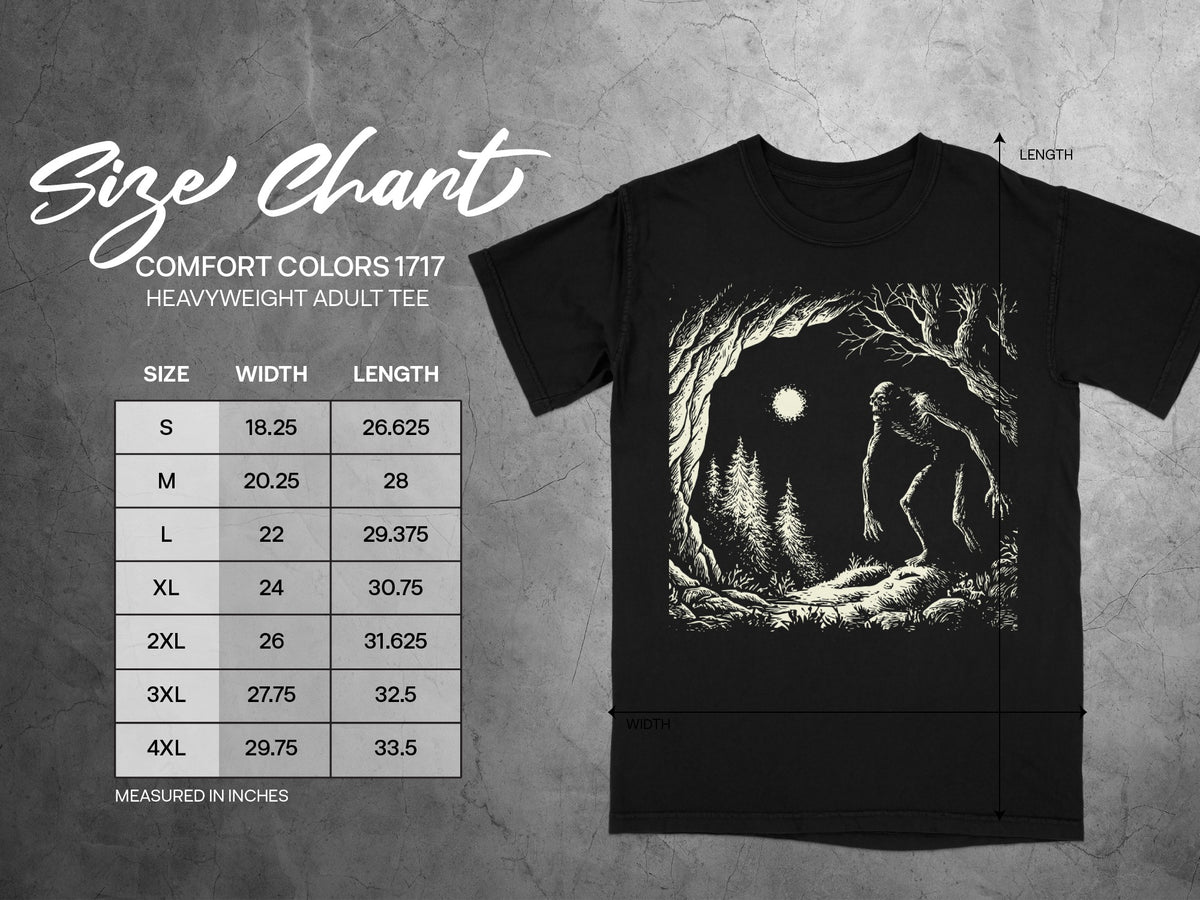 Comfort Colors 1717 heavyweight adult tee size chart with width and length measurements in inches.