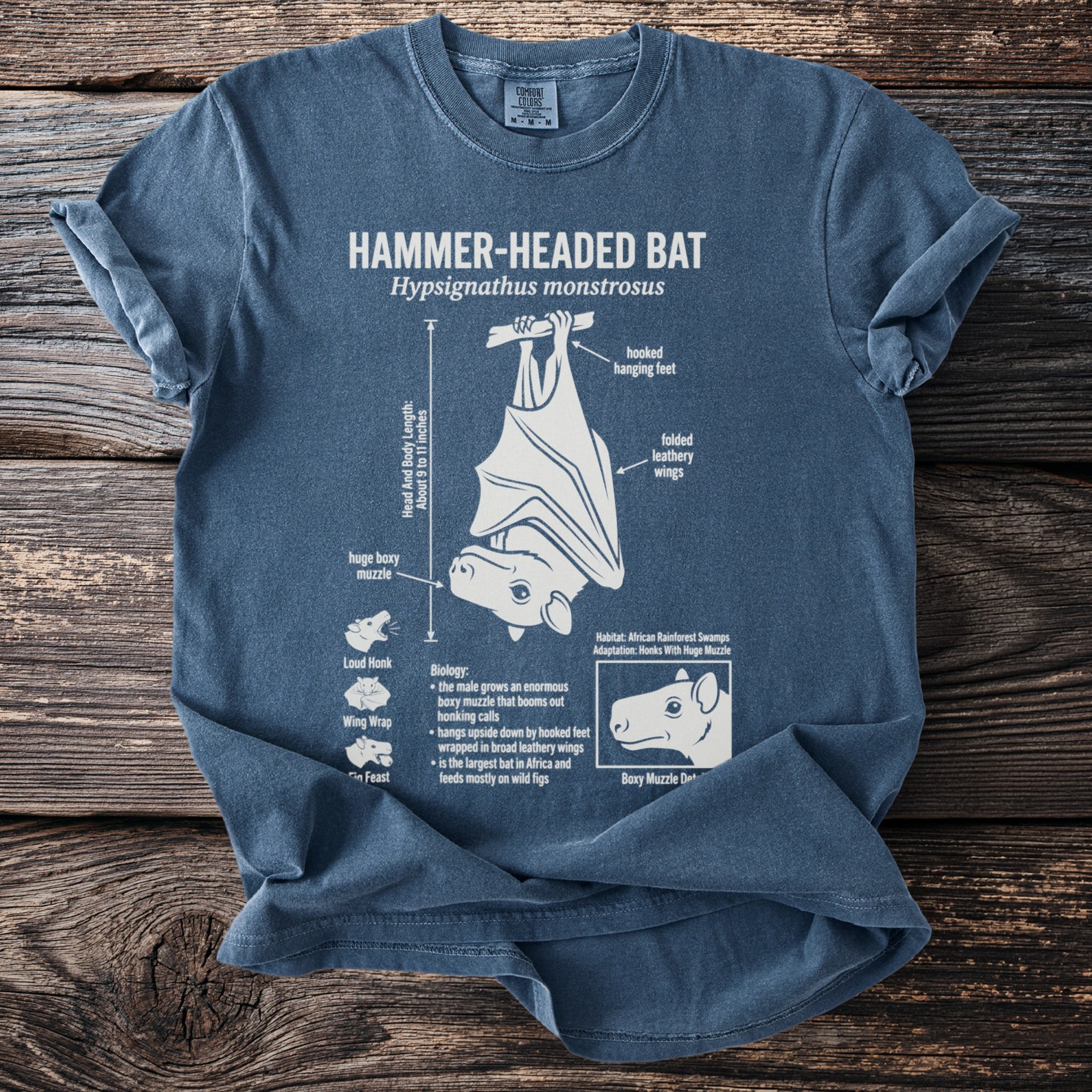 Hammer-Headed Bat Hypsignathus monstrosus diagram on a blue t-shirt.