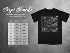 Size chart for a black heavyweight adult tee with moth and butterfly graphic.