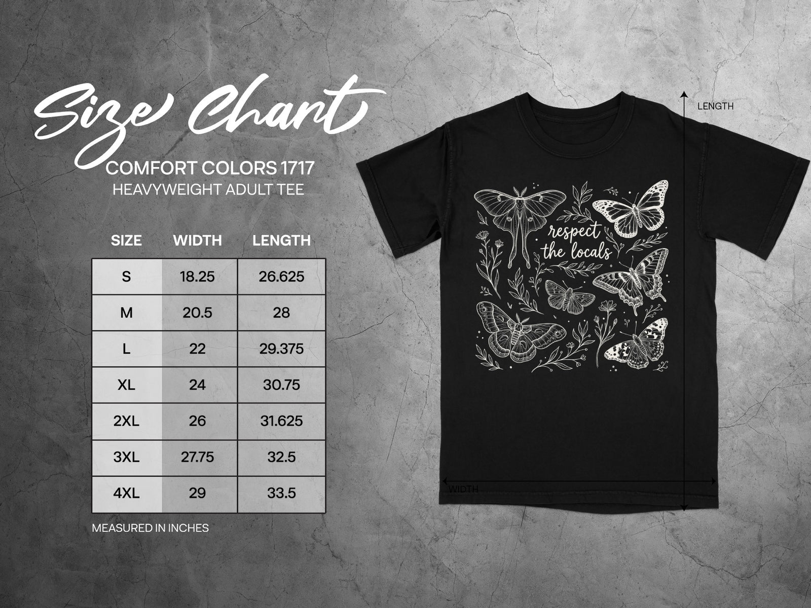 Size chart for a black heavyweight adult tee with moth and butterfly graphic.