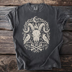 Dark grey t-shirt with a distressed graphic of a ram skull, two ravens, bones, and runes.
