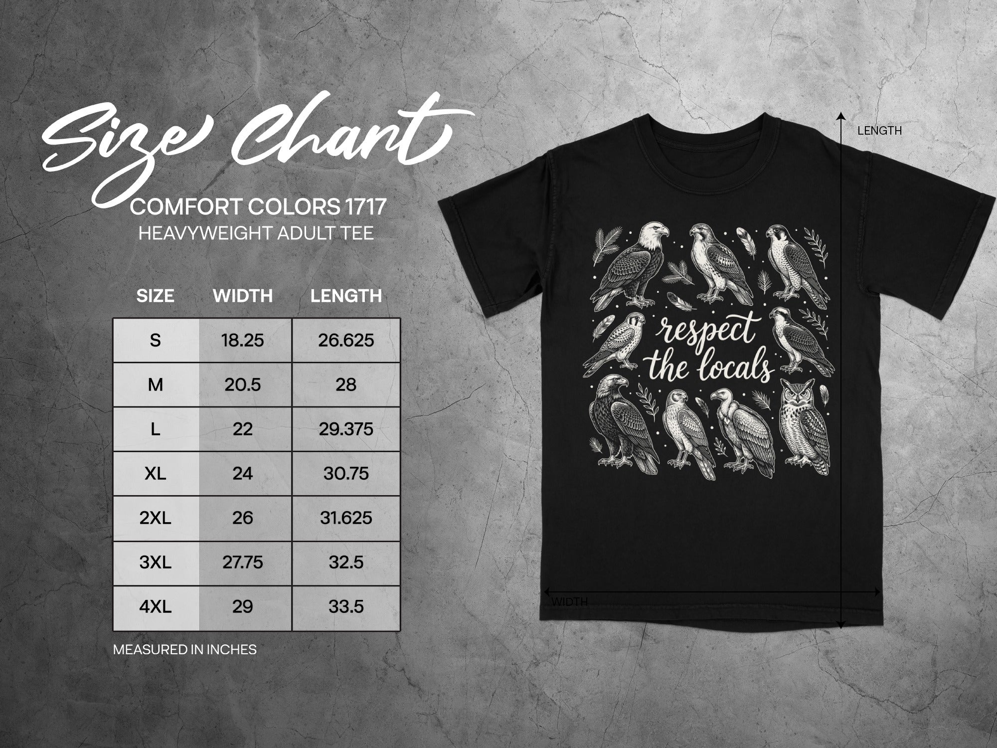 Size chart with Comfort Colors 1717 heavyweight adult tee measurements and bird graphic.