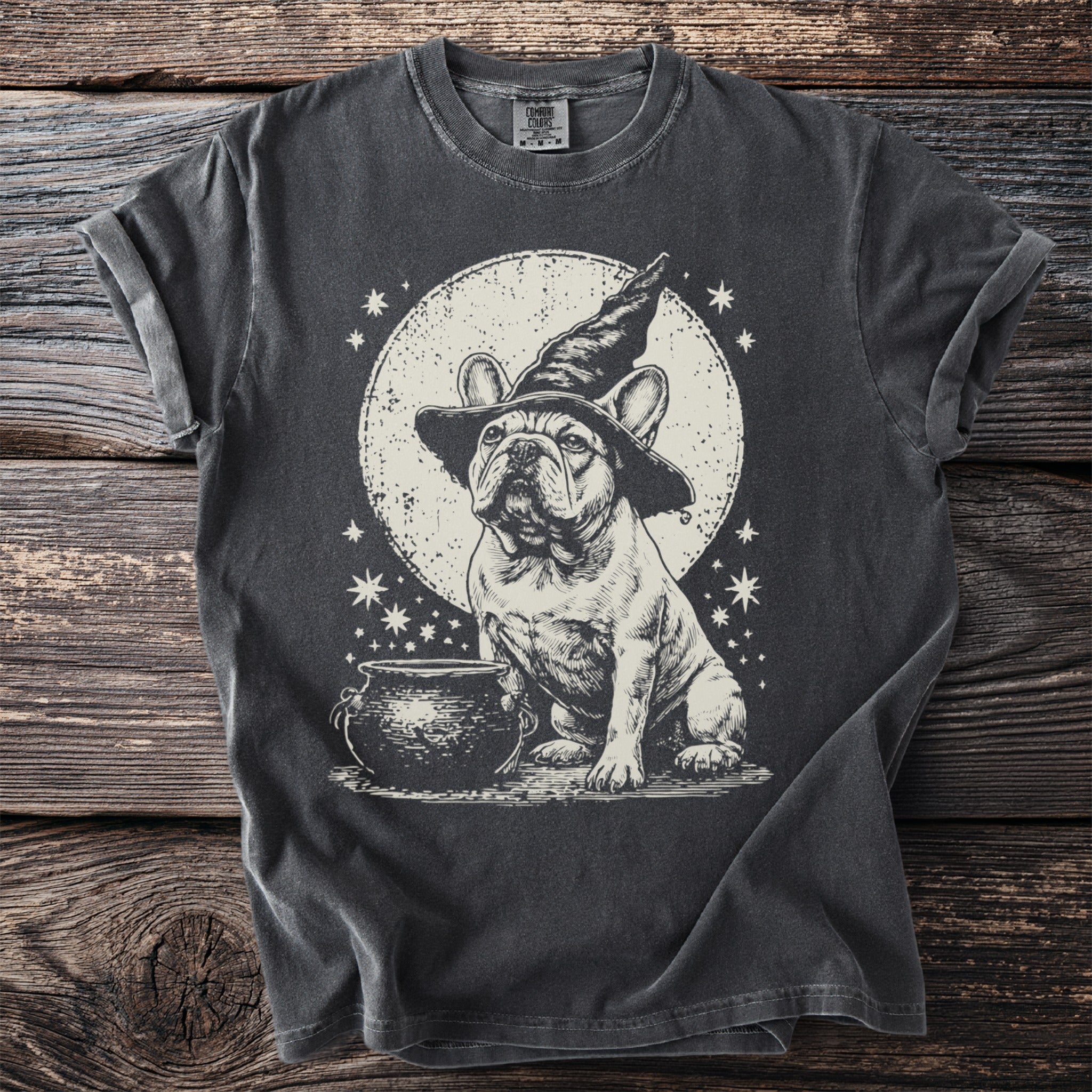 French bulldog wearing a witch hat next to a cauldron with stars and moon.
