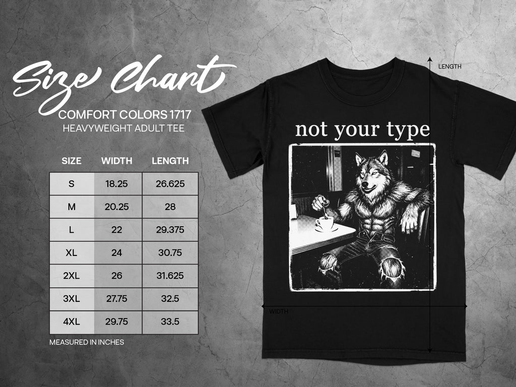 Black t-shirt size chart for Comfort Colors 1717 heavyweight adult tee.